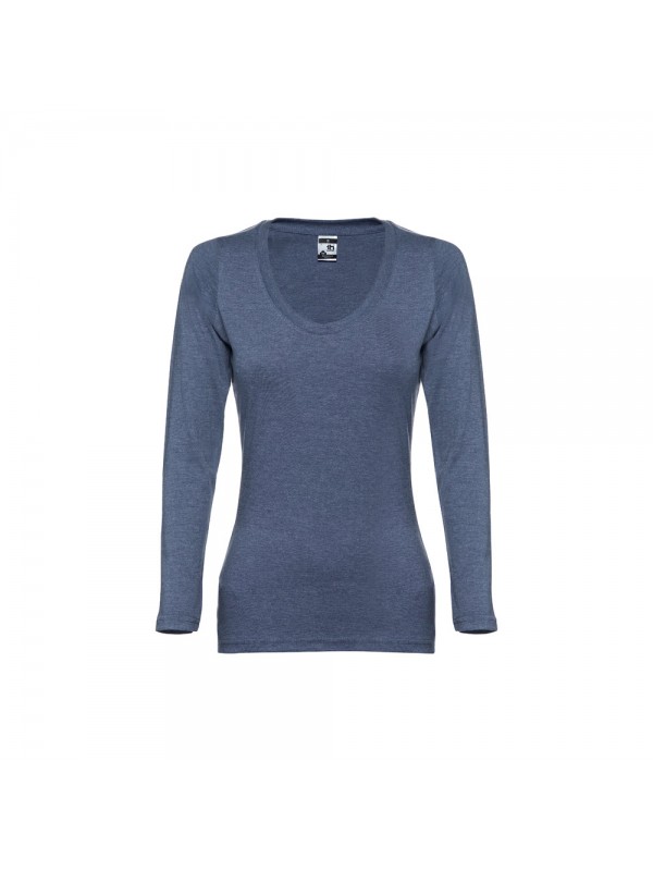 THC BUCHAREST WOMEN. T-shirt da donna sfiancata a maniche lunghe in cotone - Blu mélange THC BUCHAREST WOMEN. T-shirt da donna sfiancata a maniche lunghe in cotone - Blu mélange
