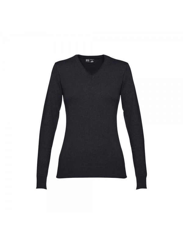 THC MILAN WOMEN. Pullover da donna con scollo a V in cotone e poliammide - Nero THC MILAN WOMEN. Pullover da donna con scollo a V in cotone e poliammide - Nero
