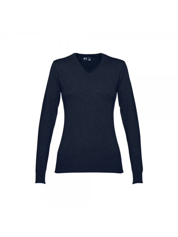 THC MILAN WOMEN. Pullover da donna con scollo a V in cotone e poliammide - Blu scuro THC MILAN WOMEN. Pullover da donna con scollo a V in cotone e poliammide - Blu scuro