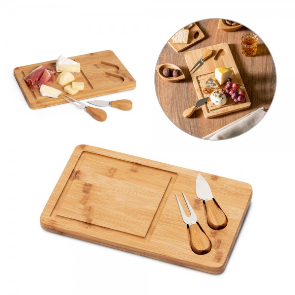 WOODS. Tagliere per formaggi in bambù con due utensili in acciaio inossidabile