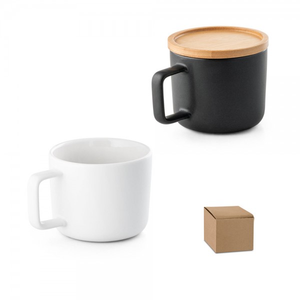 FANGIO. Tazza in ceramica da 230 mL con tappo e base in bambù