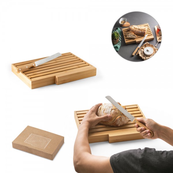 PASSARD. Tagliere per pane in bambù con coltello in acciaio inox