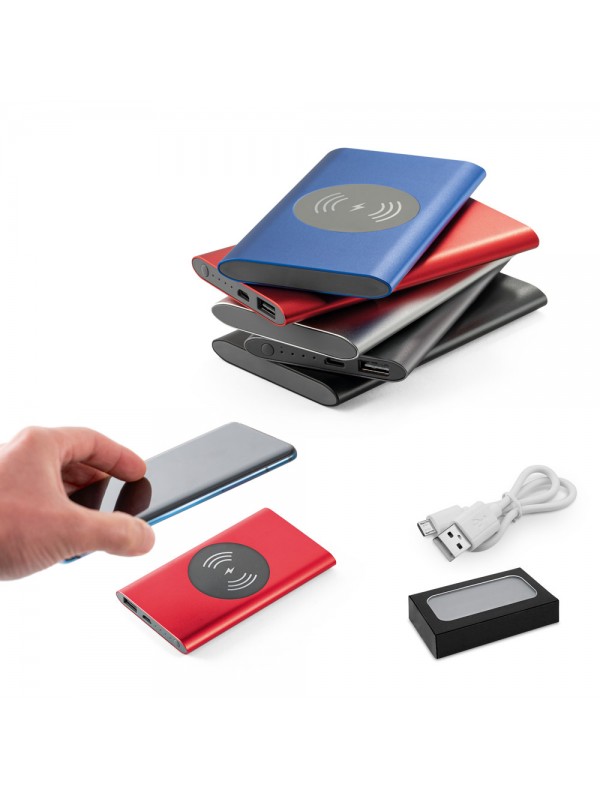 CASSINI. Power bank da 4'000 mAh con caricatore wireless da 5W in alluminio riciclato (100% rAL)