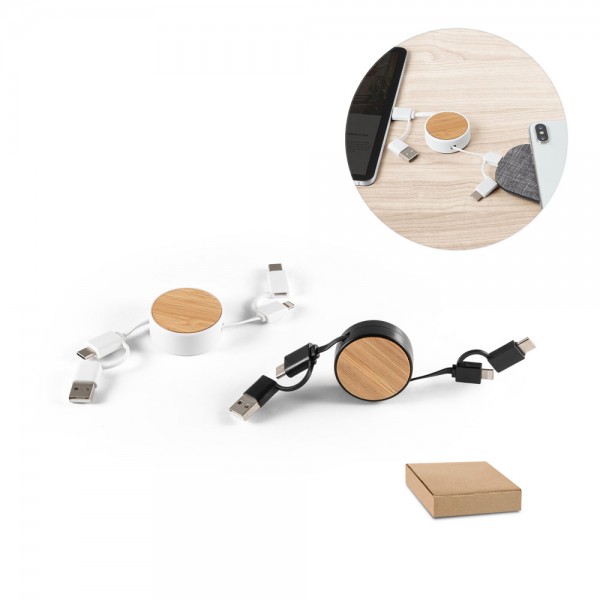 RUBINS. Cavo USB retrattile 6 in 1 in ABS riciclato (100% rABS) e bambù