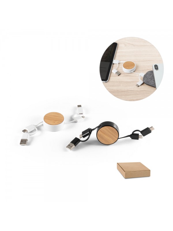 RUBINS. Cavo USB retrattile 6 in 1 in ABS riciclato (100% rABS) e bambù RUBINS. Cavo USB retrattile 6 in 1 in ABS riciclato (100% rABS) e bambù