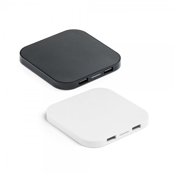 CAROLINE. Caricatore wireless superveloce da 15 W con HUB 2 porte USB-A in ABS riciclato (100% rABS)