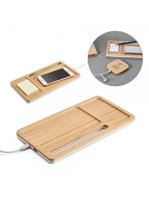 MOTT. Organizer da tavolo con caricatore wireless da 15W in bambù e ABS MOTT. Organizer da tavolo con caricatore wireless da 15W in bambù e ABS