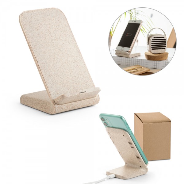 ENGLERT. Supporto per smartphone con caricatore wireless veloce da 10W in ABS riciclato (100% rABS) e fibra di paglia