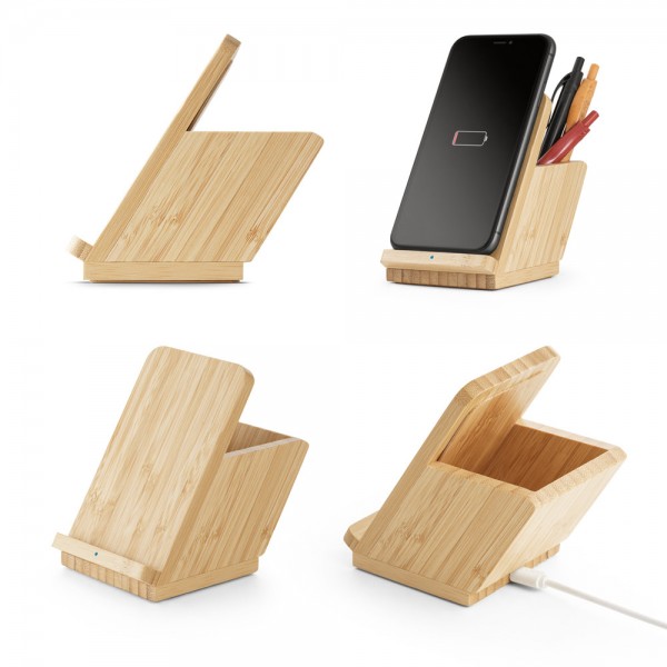 LEAVITT. Supporto per smartphone e porta biro con caricatore wireless veloce da 10W in bambù