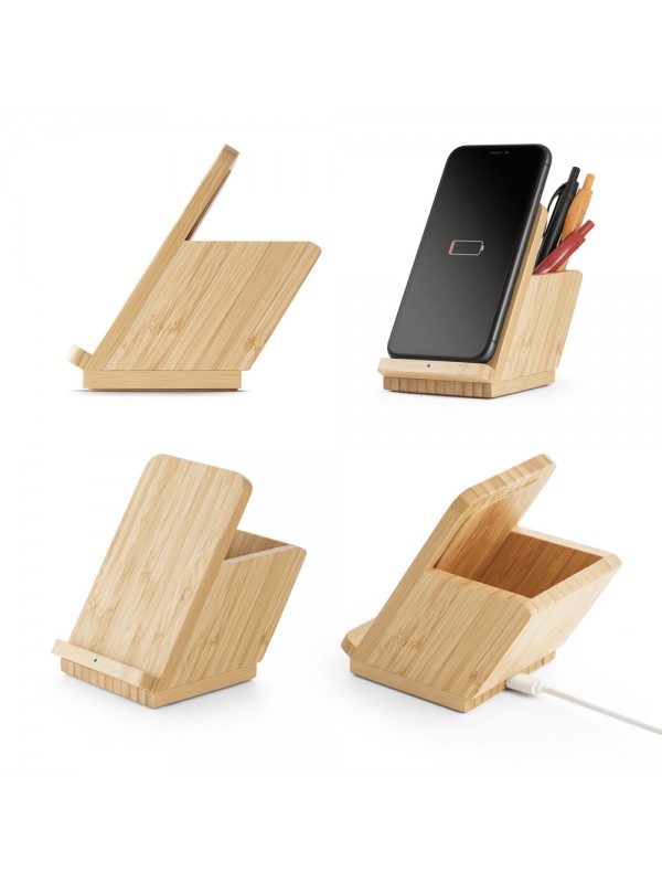 LEAVITT. Supporto per smartphone e porta biro con caricatore wireless veloce da 10W in bambù LEAVITT. Supporto per smartphone e porta biro con caricatore wireless veloce da 10W in bambù