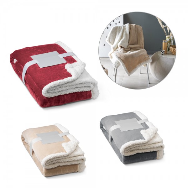 HEIDEN. Coperta reversibile in pile confezionata (190 g/m²) con nastro in raso e cartoncino personalizzabile