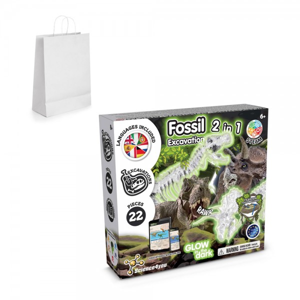 2 in 1 Fossil Excavation Kit II. Gioco educativo fornito con un sacchetto regalo in carta kraft (90 g/m²), realizzato con materiale certificato FSC™ e altri materiali controllati