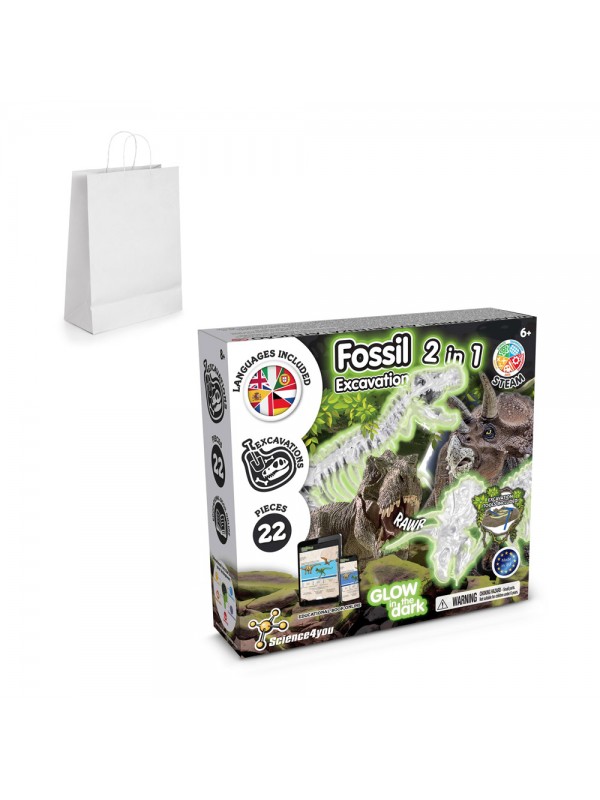 2 in 1 Fossil Excavation Kit II. Gioco educativo fornito con un sacchetto regalo in carta kraft (90 g/m²), realizzato con materiale certificato FSC™ e altri materiali controllati