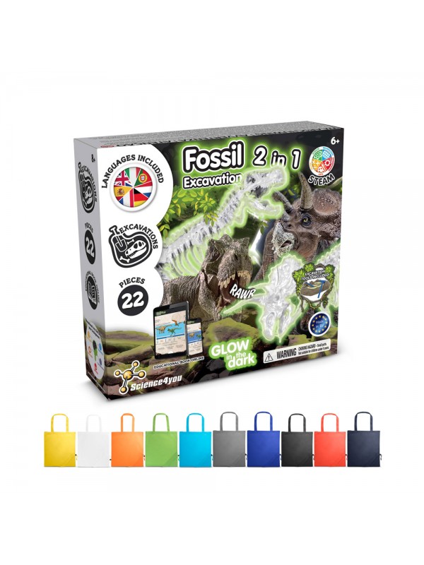 2 in 1 Fossil Excavation Kit V. Gioco educativo fornito con una borsa regalo pieghevole in 190T