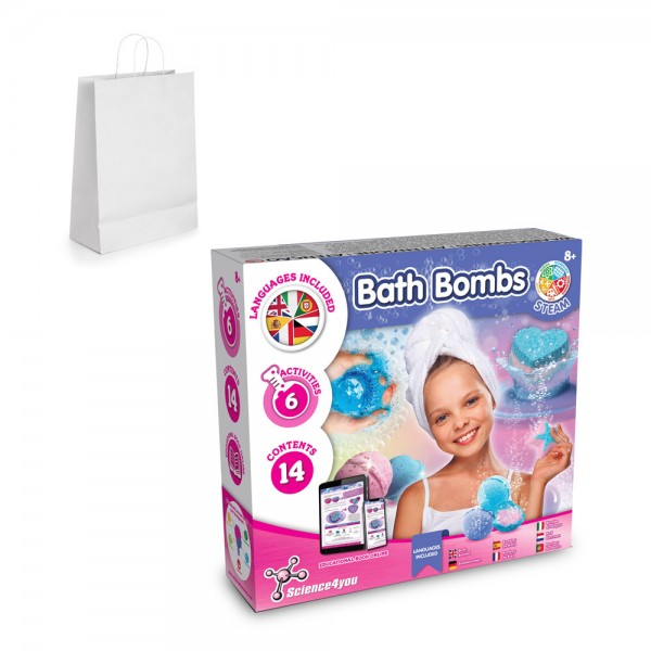 Bath Bombs Kit II. Giocattolo educativo fornito con un sacchetto regalo in carta kraft (90 g/m²), realizzato con materiale certificato FSC™ e altri materiali controllati