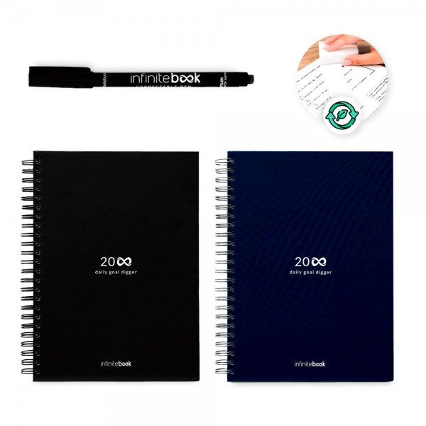 STARTER KIT INFINITE PLANNER A5. Il set include un "Infinity Diary", un kit di pulizia, un pennarello e un porta pennarello