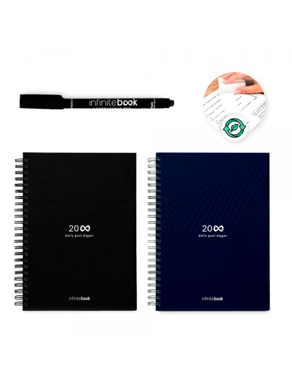 STARTER KIT INFINITE PLANNER A5. Il set include un "Infinity Diary", un kit di pulizia, un pennarello e un porta pennarello STARTER KIT INFINITE PLANNER A5. Il set include un "Infinity Diary", un kit di pulizia, un pennarello e un porta pennarello