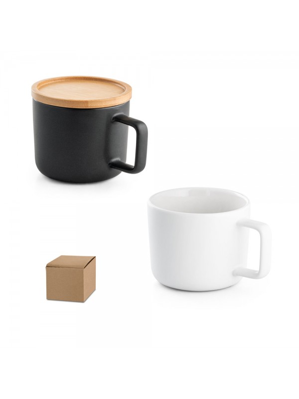 FANGIO. Tazza in ceramica da 220 mL con tappo e base in bambù - Nero