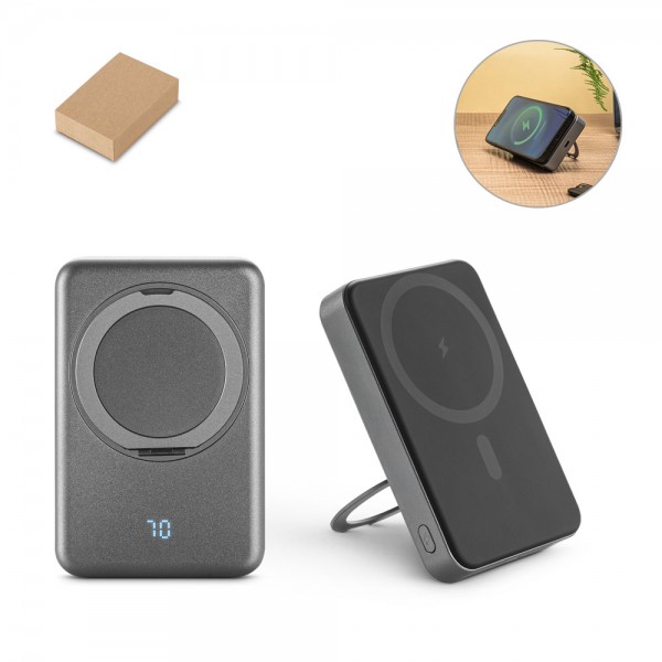 WARSHEL 10. Power bank magnetico da 10'000 mAh con caricatore wireless superveloce da 15W in ABS riciclato (100% rABS) con supporto