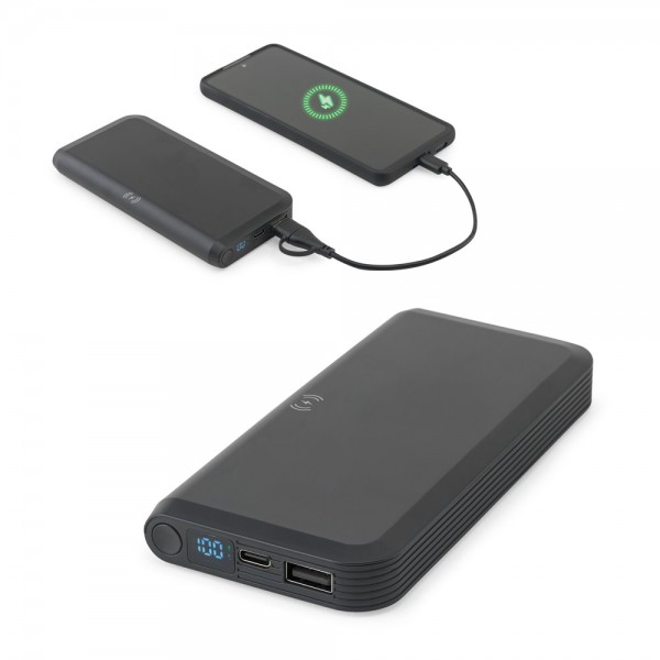 BECKER 10. Power bank da 10'000 mAh in ABS riciclato (100% rABS) con caricatore wireless superveloce da 15W
