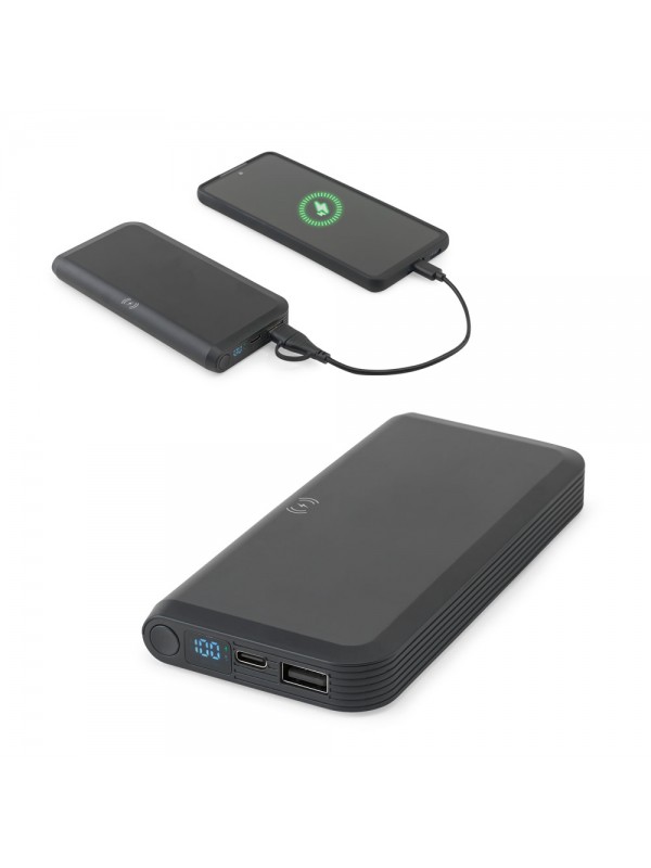 BECKER 10. Power bank da 10'000 mAh in ABS riciclato (100% rABS) con caricatore wireless superveloce da 15W