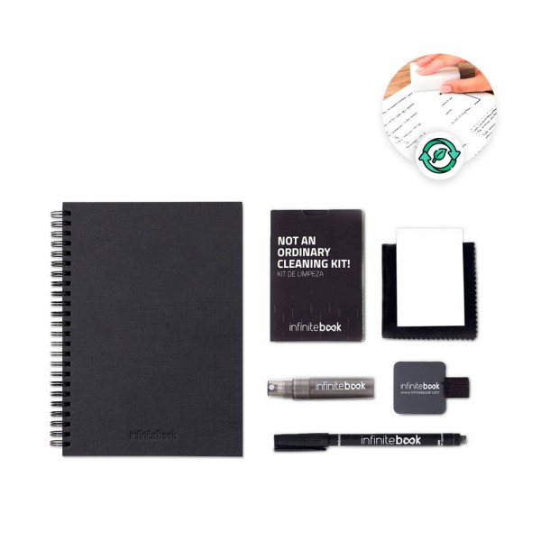 STARTER KIT INFINITEBOOK A5 PLANNER TEXTURE. Set composto da un "Infinitebook" con copertina rigida, 1 kit di pulizia, 1 pennarello e 1 porta pennarello