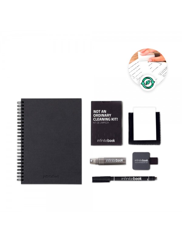 STARTER KIT INFINITEBOOK A5 PLANNER TEXTURE. Set composto da un "Infinitebook" con copertina rigida, 1 kit di pulizia, 1 pennarello e 1 porta pennarello STARTER KIT INFINITEBOOK A5 PLANNER TEXTURE. Set composto da un "Infinitebook" con copertina rigida, 1 kit di pulizia, 1 pennarello e 1 porta pennarello