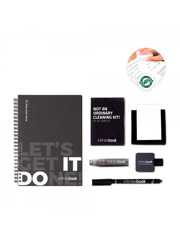 STARTER KIT INFINITEBOOK. Set composto da un "Infinitebook" con copertina rigida, 1 kit di pulizia, 1 pennarello e 1 porta pennarello STARTER KIT INFINITEBOOK. Set composto da un "Infinitebook" con copertina rigida, 1 kit di pulizia, 1 pennarello e 1 porta pennarello