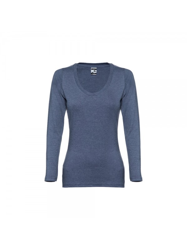 THC BUCHAREST WOMEN. T-shirt da donna sfiancata a maniche lunghe in cotone - Blu mélange THC BUCHAREST WOMEN. T-shirt da donna sfiancata a maniche lunghe in cotone - Blu mélange