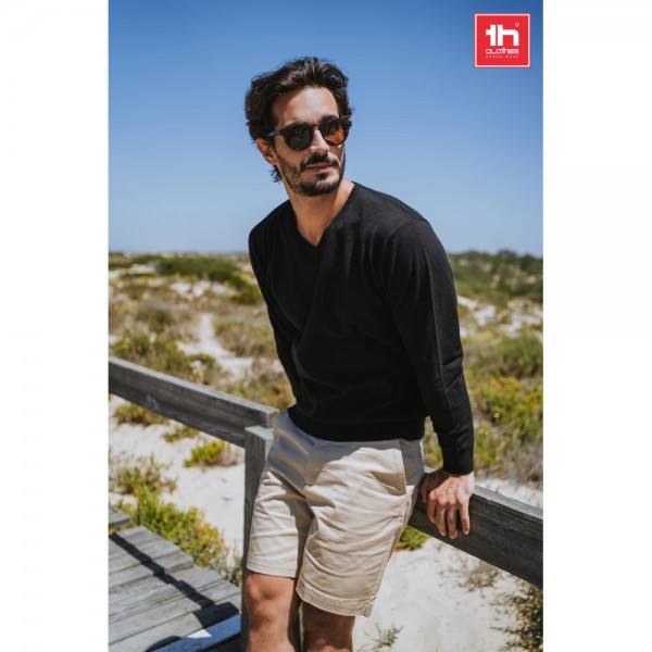THC MILAN. Pullover da uomo con scollo a V in cotone e poliammide - Blu scuro