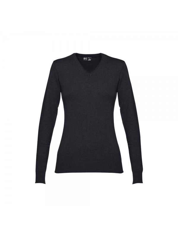 THC MILAN WOMEN. Pullover da donna con scollo a V in cotone e poliammide - Nero THC MILAN WOMEN. Pullover da donna con scollo a V in cotone e poliammide - Nero