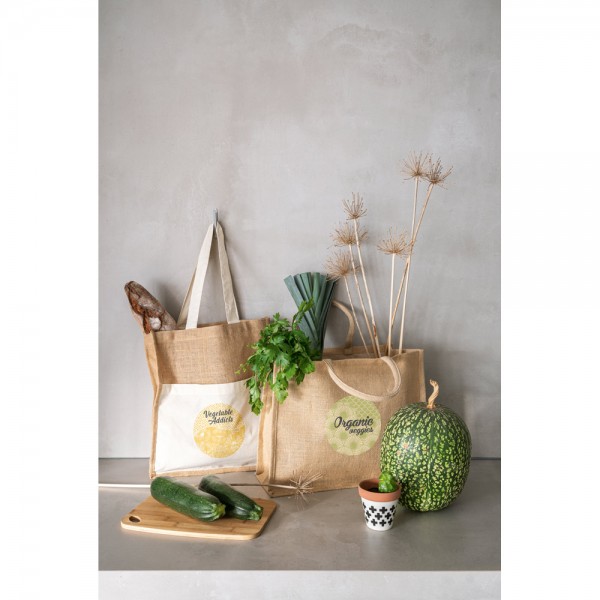 BRAGA. Borsa in juta (240 g/m²) con tasca in 100% cotone (140 gm²)