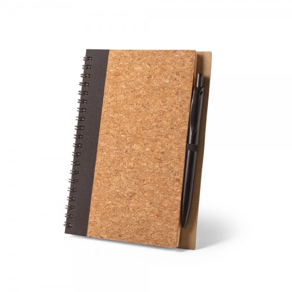 VICENTE. Block notes B6 con penna a sfera in sughero e poliestere riciclato (100% rPET)