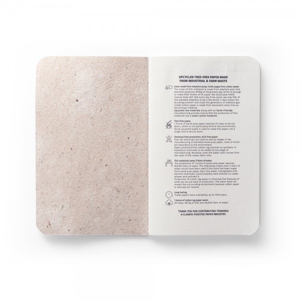 ORGANIC SOFT. Block notes A6 con copertina flessibile fabbricata tramite la materia organica degli elefanti (80%)