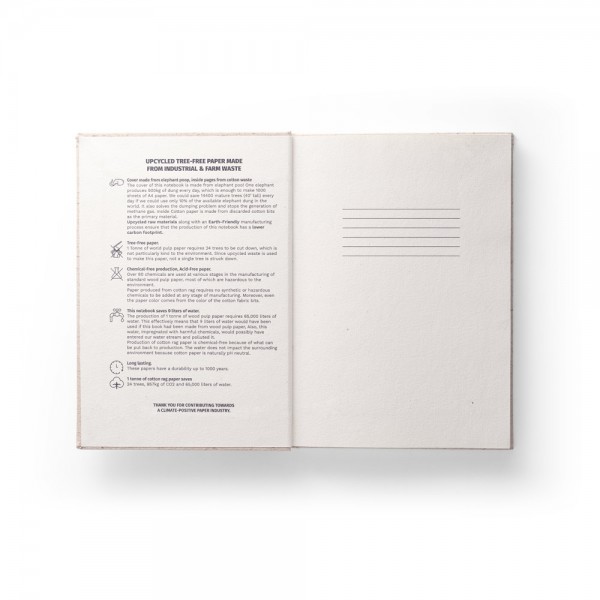 ORGANIC RIGID. Block notes A5 con copertina rigida fabbricata tramite la materia organica degli elefanti (80%)