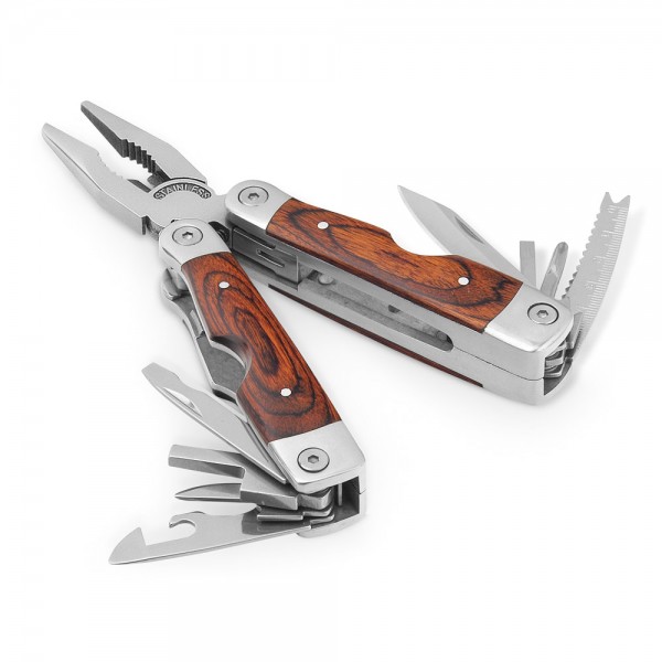 MAGNUM. Pinzia pieghevole con strumenti multifunzione in acciaio inox e legno