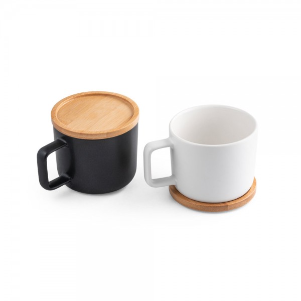 FANGIO. Tazza in ceramica da 230 mL con tappo e base in bambù
