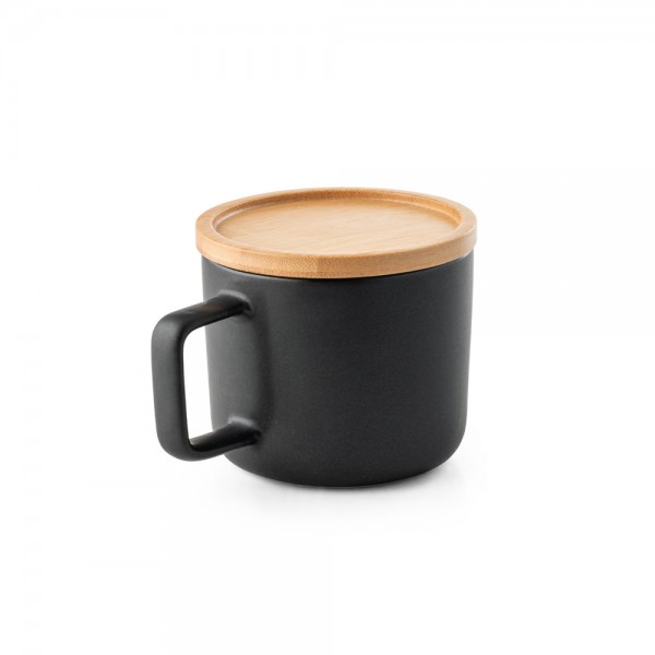 FANGIO. Tazza in ceramica da 230 mL con tappo e base in bambù