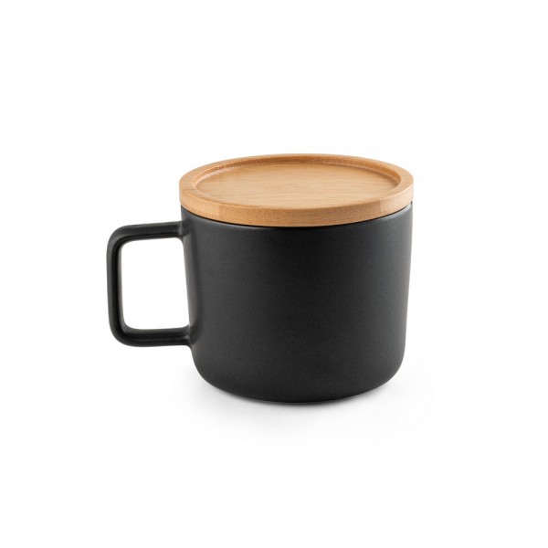 FANGIO. Tazza in ceramica da 230 mL con tappo e base in bambù