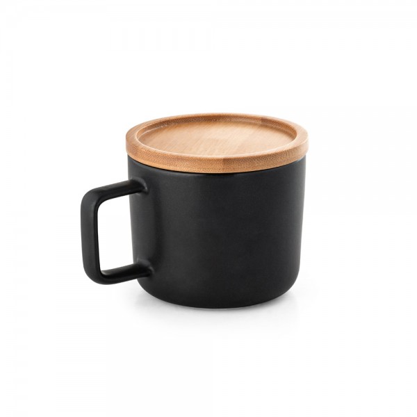 FANGIO. Tazza in ceramica da 230 mL con tappo e base in bambù