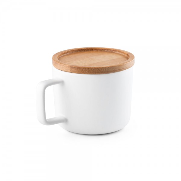FANGIO. Tazza in ceramica da 230 mL con tappo e base in bambù