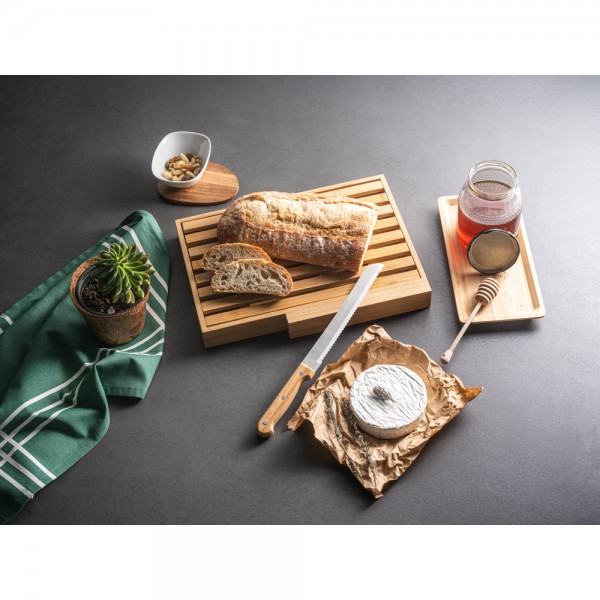PASSARD. Tagliere per pane in bambù con coltello in acciaio inox