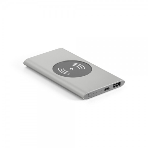 CASSINI. Power bank da 4'000 mAh con caricatore wireless da 5W in alluminio riciclato (100% rAL)