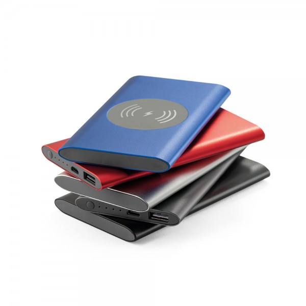 CASSINI. Power bank da 4'000 mAh con caricatore wireless da 5W in alluminio riciclato (100% rAL)