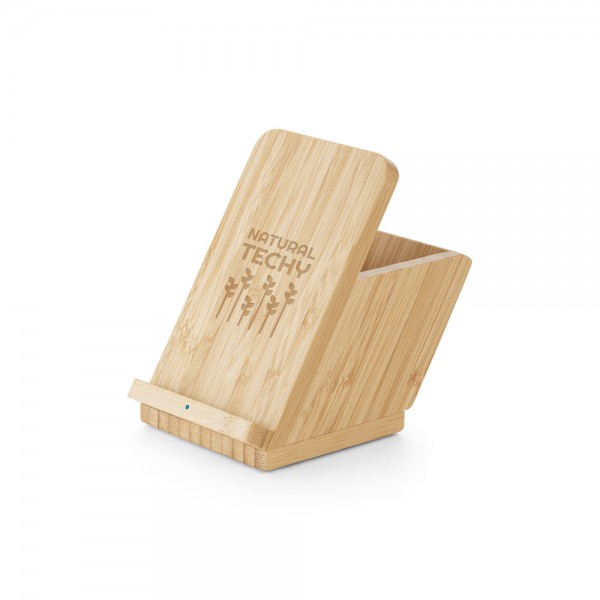 LEAVITT. Supporto per smartphone e porta biro con caricatore wireless veloce da 10W in bambù