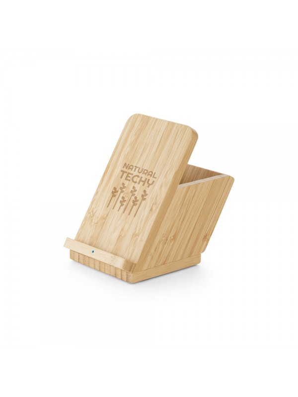 LEAVITT. Supporto per smartphone e porta biro con caricatore wireless veloce da 10W in bambù LEAVITT. Supporto per smartphone e porta biro con caricatore wireless veloce da 10W in bambù