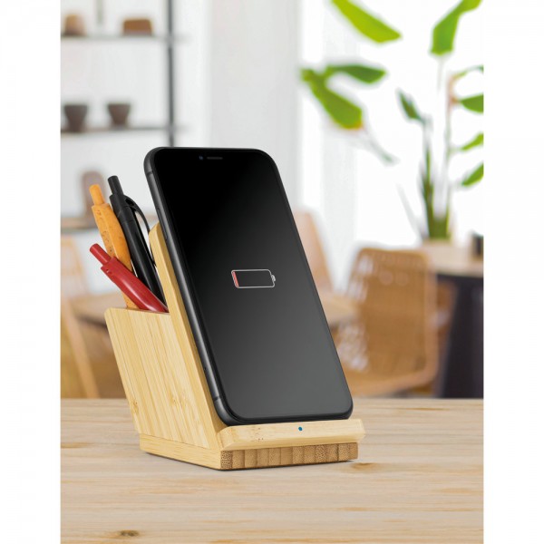 LEAVITT. Supporto per smartphone e porta biro con caricatore wireless veloce da 10W in bambù
