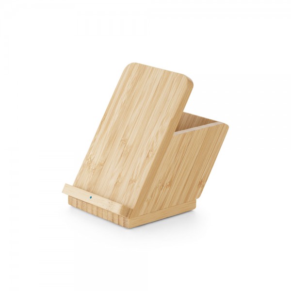 LEAVITT. Supporto per smartphone e porta biro con caricatore wireless veloce da 10W in bambù