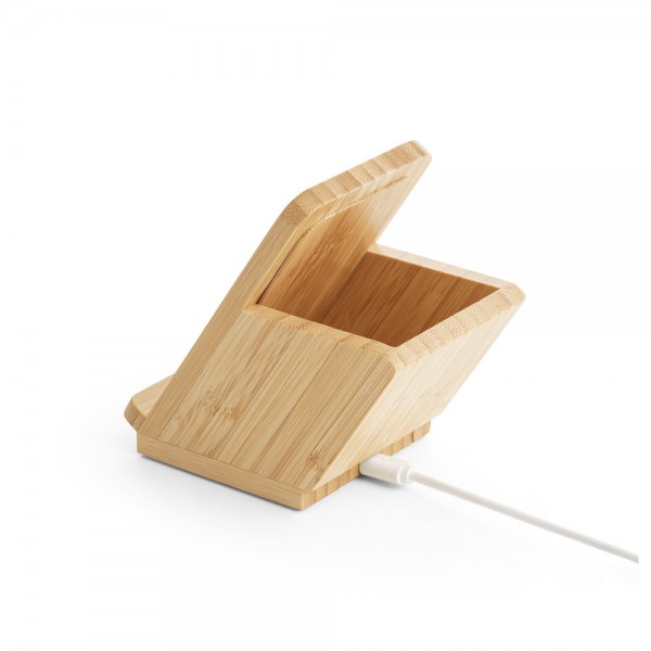 LEAVITT. Supporto per smartphone e porta biro con caricatore wireless veloce da 10W in bambù