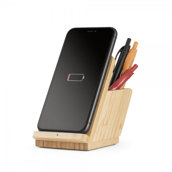 LEAVITT. Supporto per smartphone e porta biro con caricatore wireless veloce da 10W in bambù